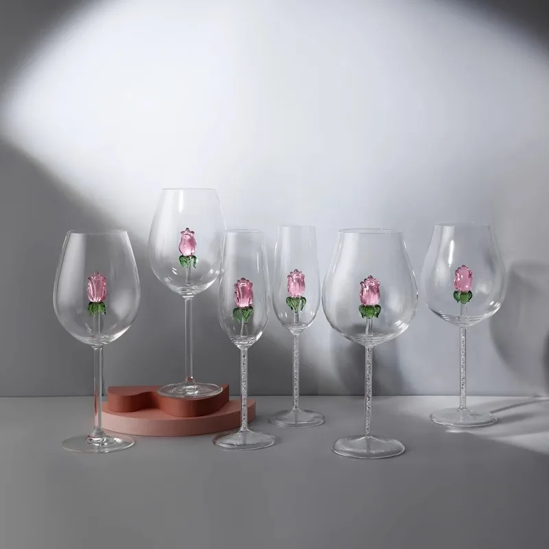 Wholesale Rose Wine Glass Goblet Cocktail Glasses Crystal Champagne Flutes Red Wine Glass for Wedding Birthday Christmas Gift