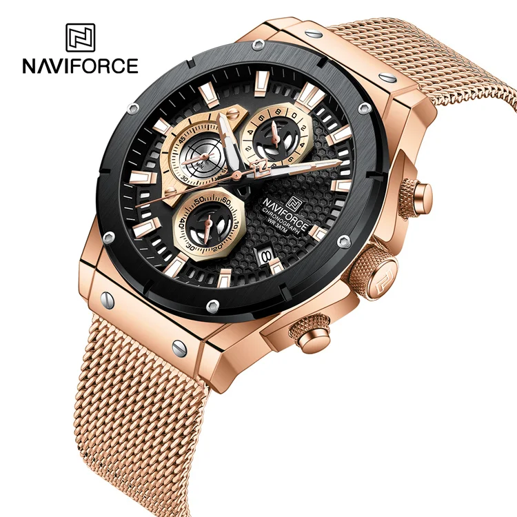 NAVIFORCE 8027S RGB New Casual Sport Chronograph Mens Watches Stainless Steel Wristwatch Quartz movement Luminous Pointers