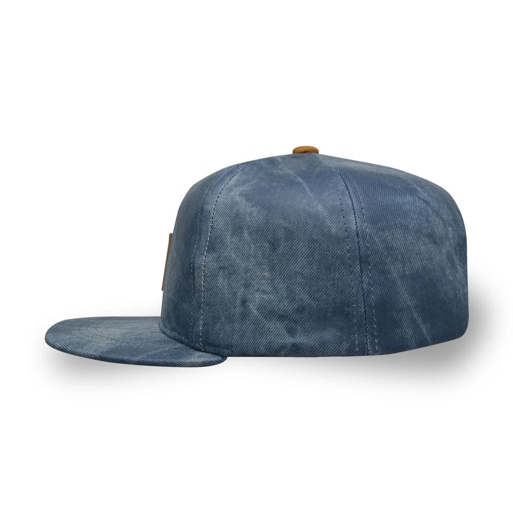 Hot sale denim PU leather patch embroidery snapback cap flat bill outdoor street cap