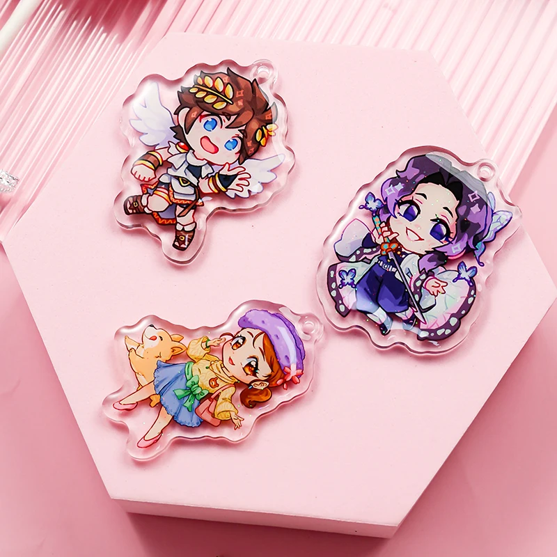 Juno creative double sided keychain laser cut anime Holographic holo rainbow glitter epoxy  clear custom Acrylic Charm