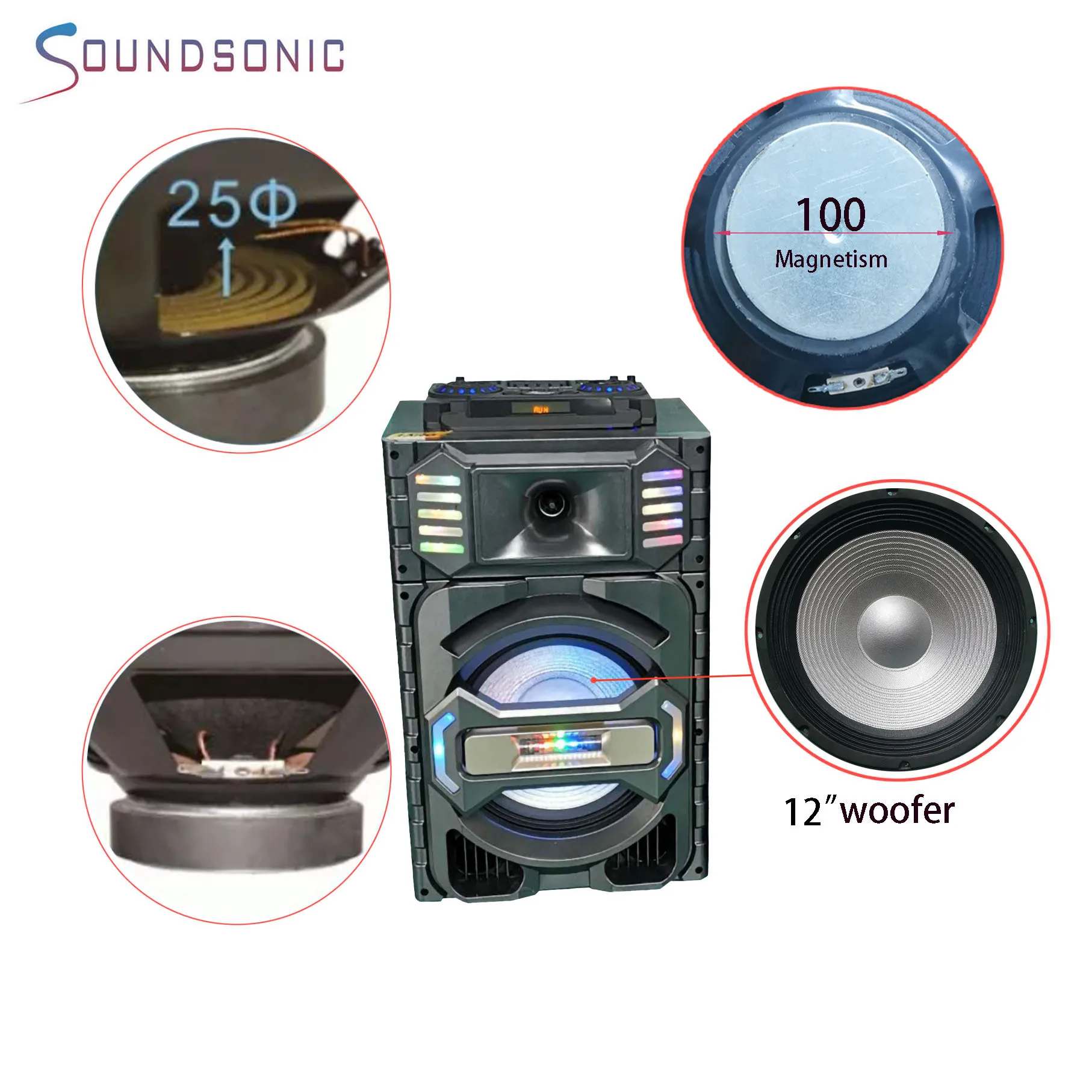 Hot sale big power 100W*2 stage speaker double 12 inch with  5 EQ active speaker with lamp ball