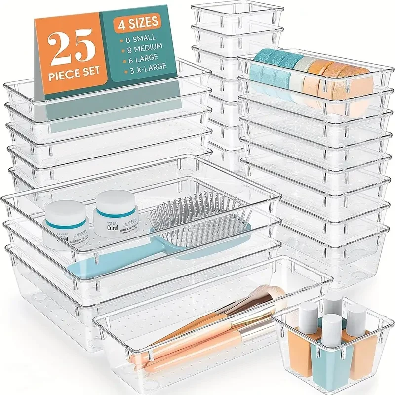 25pcs Clear Drawer Organizers Set Multifunctional utensil Storage Box Storage Dividers For Makeup/Jewelries/Bedroom/Office