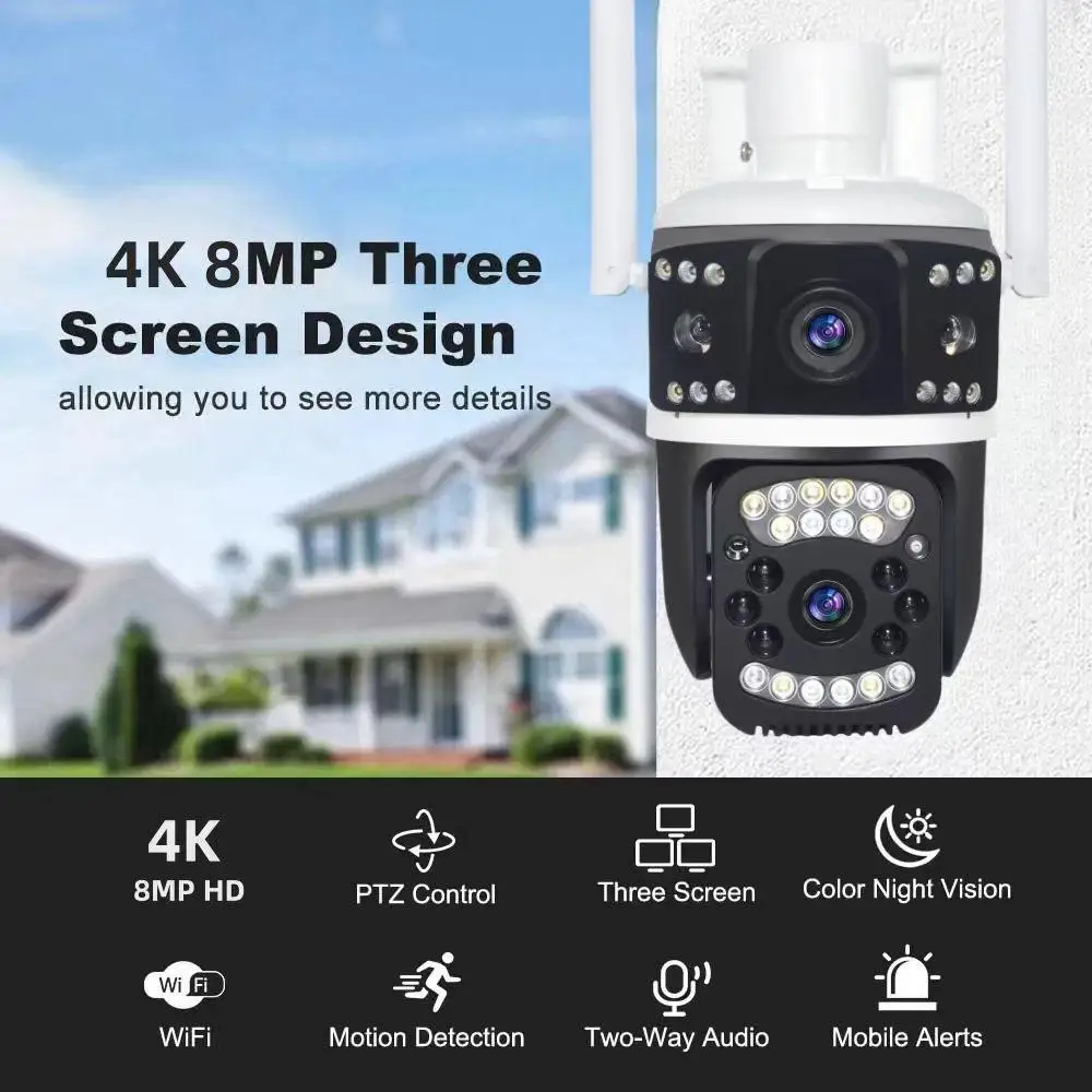 3 Lens Network PTZ Security Camera 6 Megapixel High Definition WiFi Connectivity  use for Outdoor Home