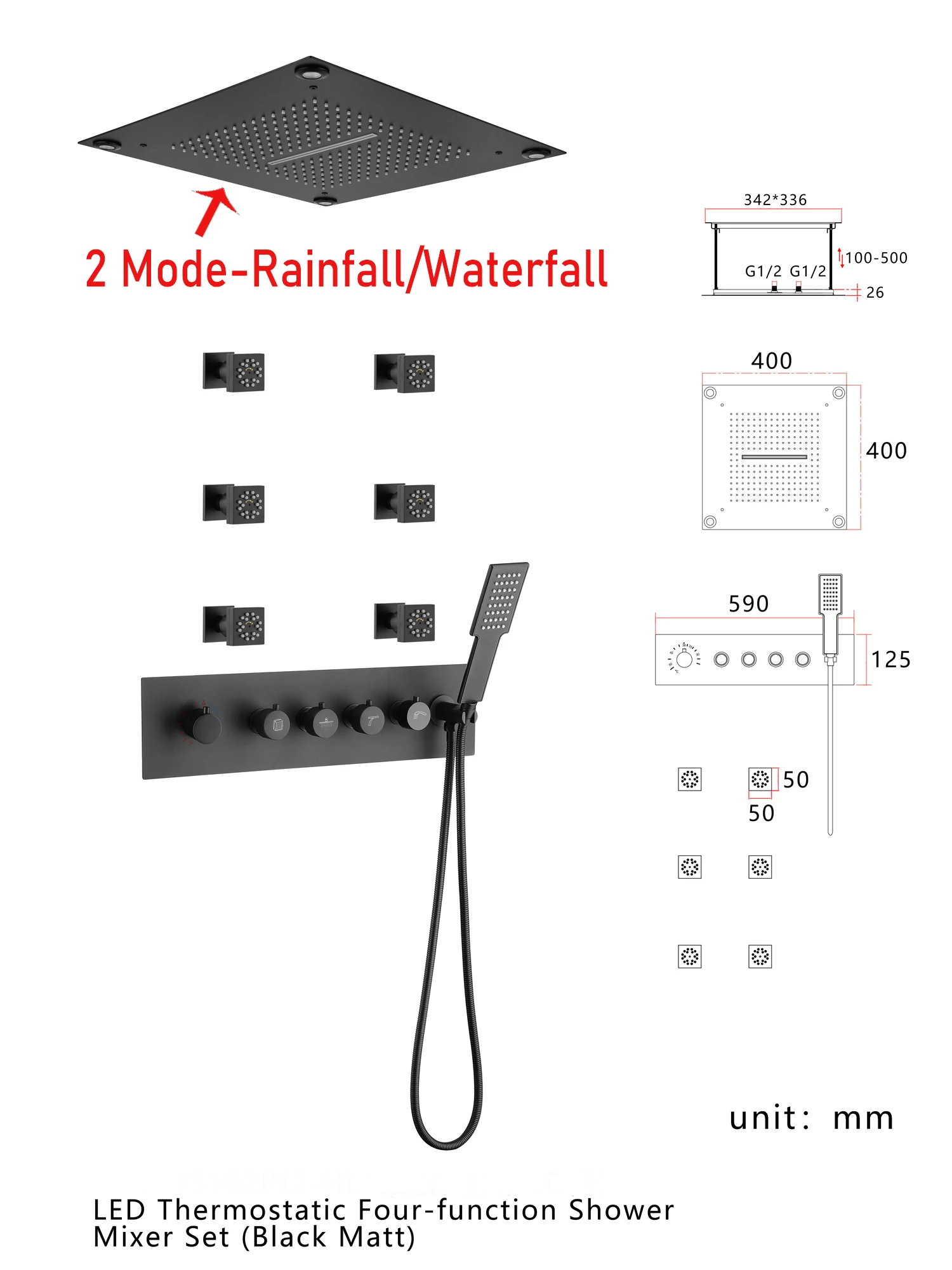 Luxury Thermostatic Big Shower Set LED Rainfall Waterfall Shower Head Massage Body Jets Handheld Shower