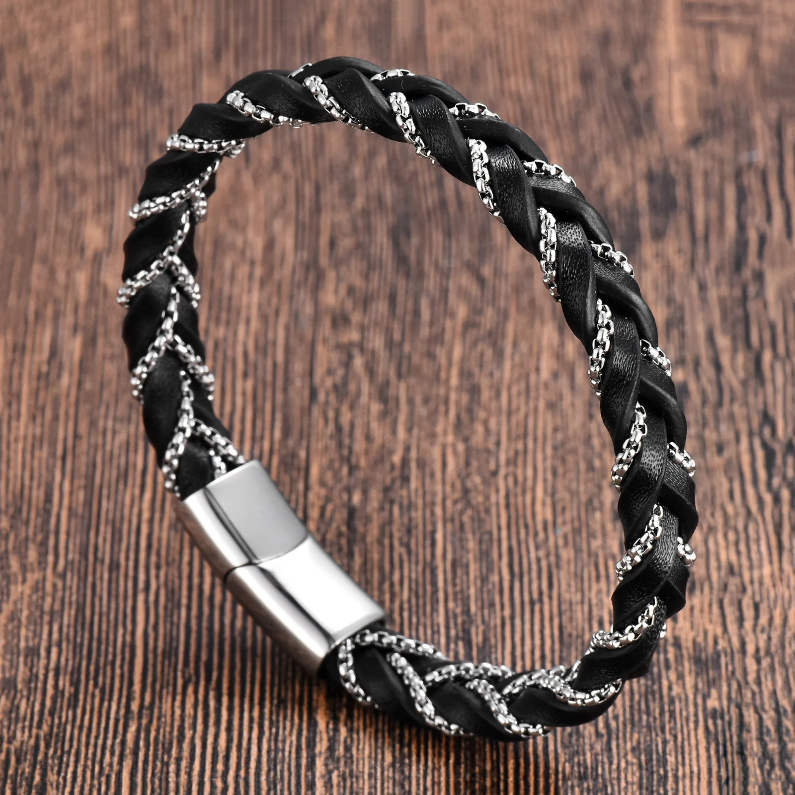 Cheap Wholesale Charm Black Leather Bracelet With 316L Stainless Steel Magnetic Clasp MultiLayer Leather Bracelets For Men