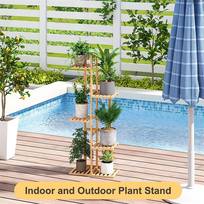 Hot Sales 5 Tier 6 Potted Tall Flower Stand Outdoor Bamboo Wooden Large Plant Stand Shelf