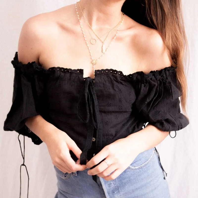 Оптовая продажа, Женский хлопковый укороченный топ на шнуровке с вышивкой и рукавами-фонариками