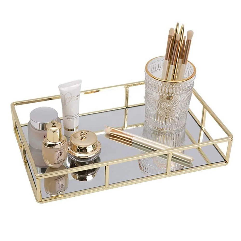 Dresser Decorative Ornate Metal Gold Vanity Jewelry  Organizer Makeup Mirror Tray for Vanity  Dresser Bathroom  Bedroom
