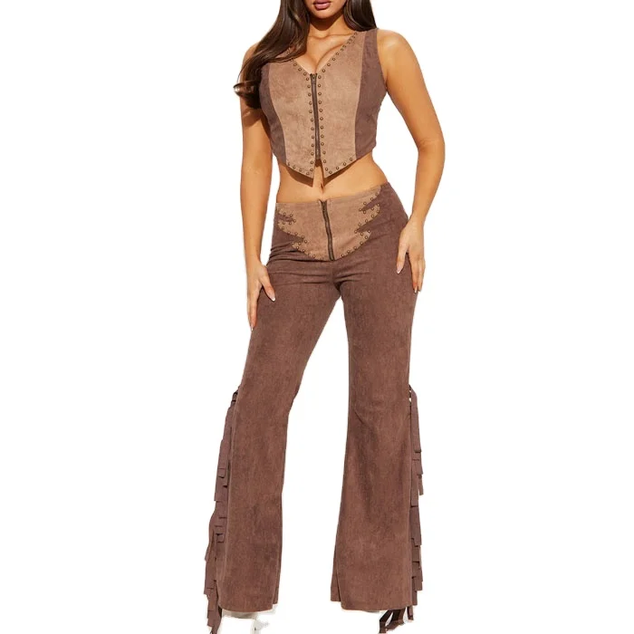 OEM Custom Design Brown Faux Suede Fringe Pant Set Sexy Women Sleeveless Front Rivets Details Tank Top And Flare Pants Set