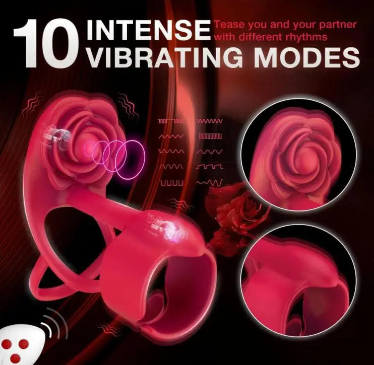 3 in 1 Silicone Penis Ring Vibrator with Rose Vibrating Cock Ring Adult Sex Toys for Men Couple Pleasure Remote control Durable%