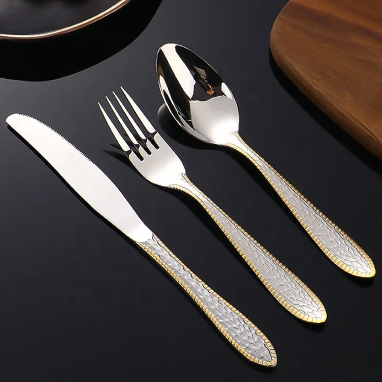 Dishwasher Safe Stainless Steel Flatware Silverware Knife Fork Spoon Handle With Gold Edge Cutlery With Individual Packing