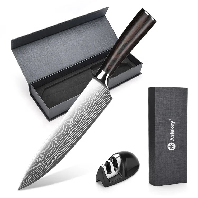 Asiakey Hot Sale 4 in one Kitchen Chef Knife Set with Sharpener & Cover in Magnetic box