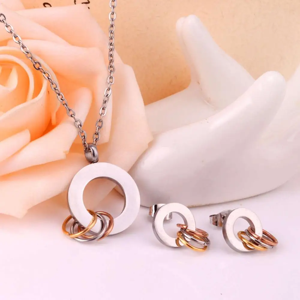 Top Selling Women Necklace & Earring Jewelry Set Gold Stainless Steel Round Circle Jewelry Accessories Set