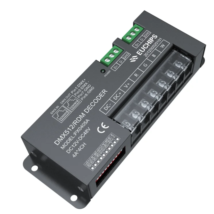 Euchips 4CH RGBW DMX декодер регулируемый светодиодный контроллер освещения с RDM 12V вход и 48V выход 5A 24v DC диммер