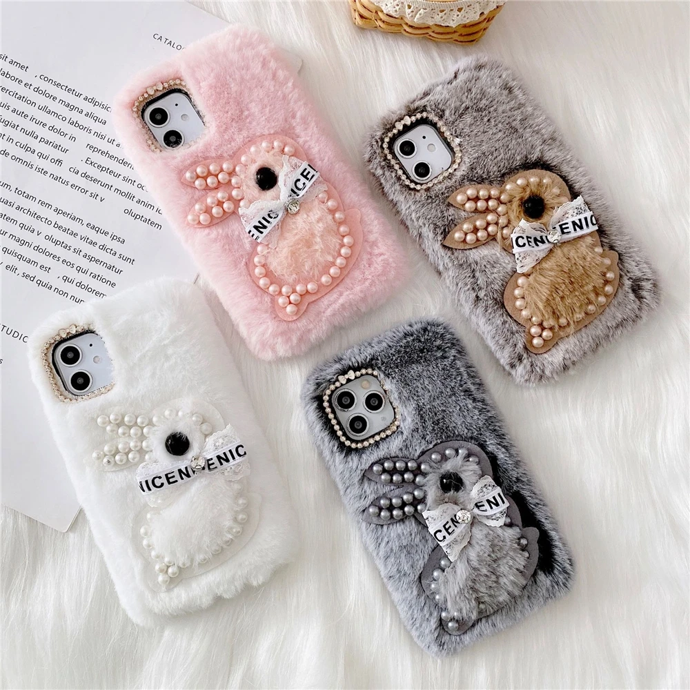 Winter Luxury Animal Rabbit Fluffy Furry Fur Phone Case For iPhone 11 12 13 Pro Max X XR XS 7 8 Plus Fundas