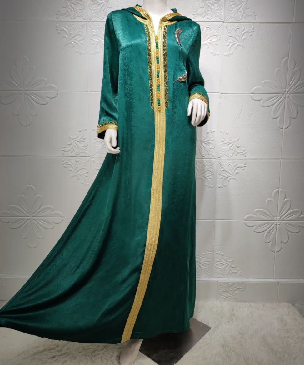 Hot Selling Ramadan Eid Jalabiya Fashion Muslim Dubai Arabic Hooded Abaya Dress Moroccan Kaftan Diamond Jalabiat Women Robe 2023