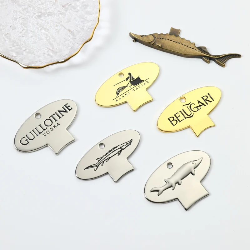 big size Custom fish logo label caviar tin opener caviar fish logos opener Keychain caviar can opener