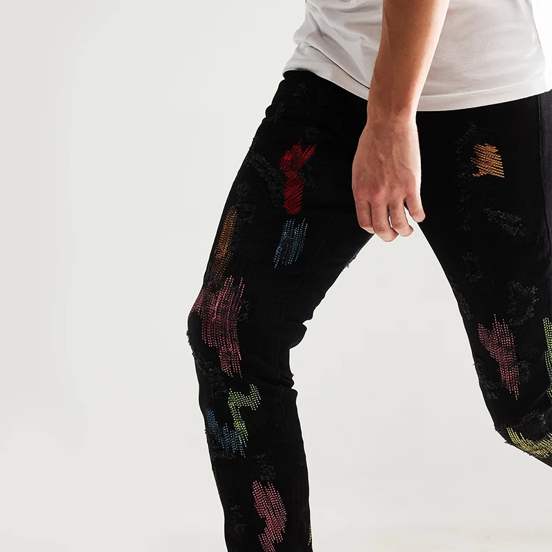 DiZNEW Plus Size Pocket Jeans Denim Factory Custom Fashion Men High Quality Man Jeans Black Beading Rhinestone Jeans For Man