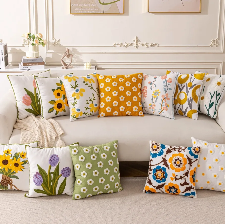 Popular 18X18 Inch Cotton Throw Pillow Covers Floral Embroidery Pillow Case Outdoors Decorative For Bed Couch Sofa Home
