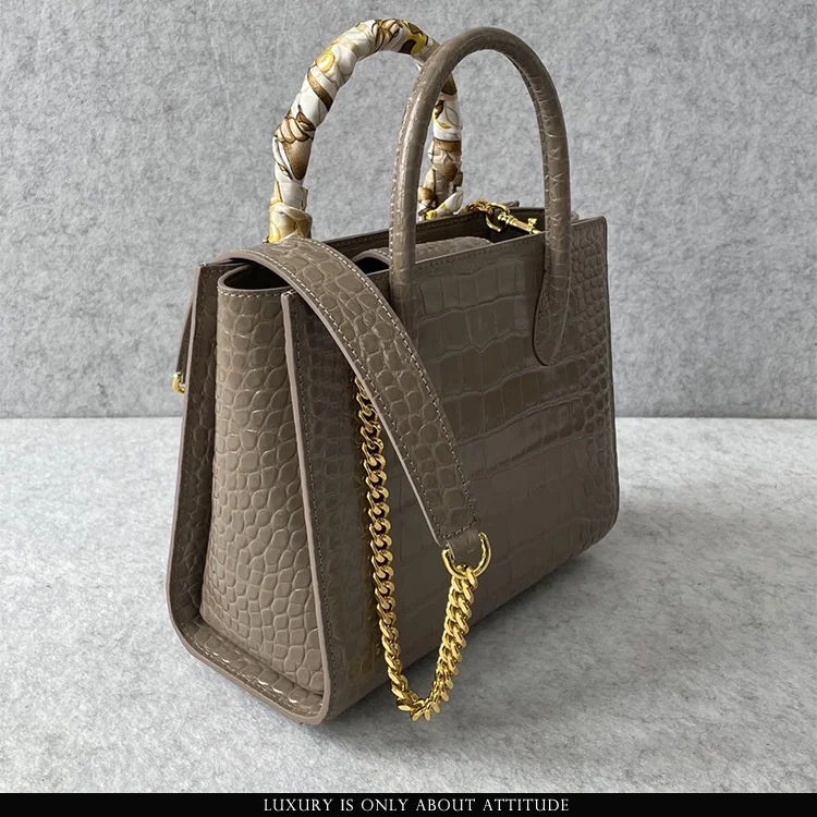 Luxury box doctor style leather bag, designer high quality italian genuine embossed crocodile leather women tote handbag