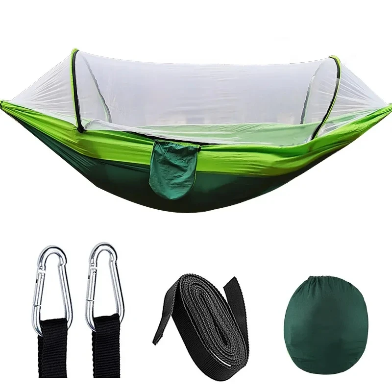 Automatic Quick-opening Outdoor swing Anti-rollover Nylon Rocking Chair 260x140cm Camping Pole Hammock with Mosquito Net