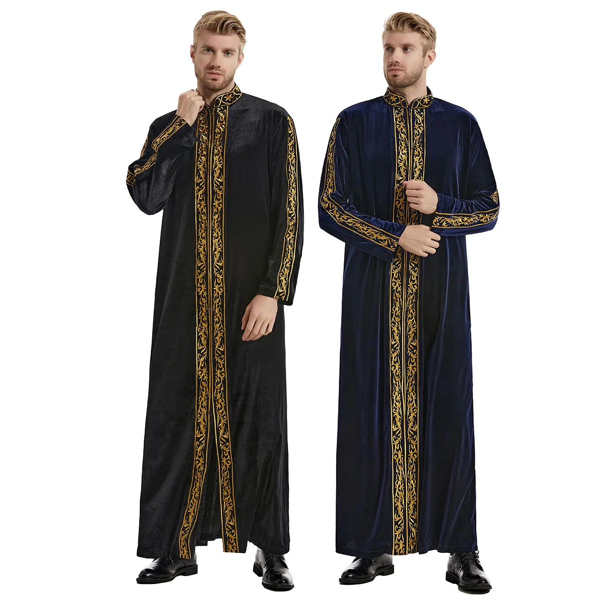 Wholesale Factory Men Muslim Robe Middle East Moroccan Thobe Golden Velvet Embroidered Robe