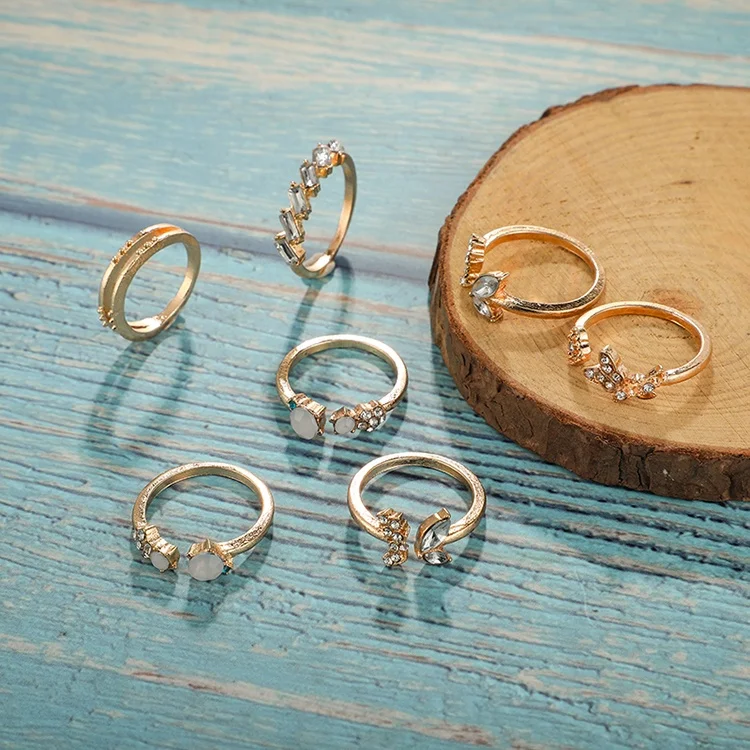 Women White Rhinestone Geometric Open Knuckle Rings Set Bohemian Gold Color Crystal Butterfly Ring Adjustable