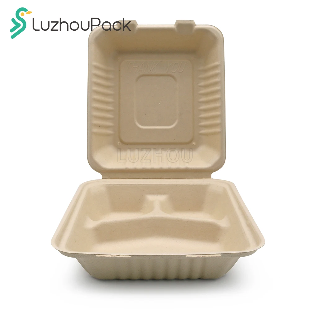OEM Degradable Sugarcane Take-Out 3 Compartment Food Container 8 X 8 inches Box with Lock Disposable food packaging boxes