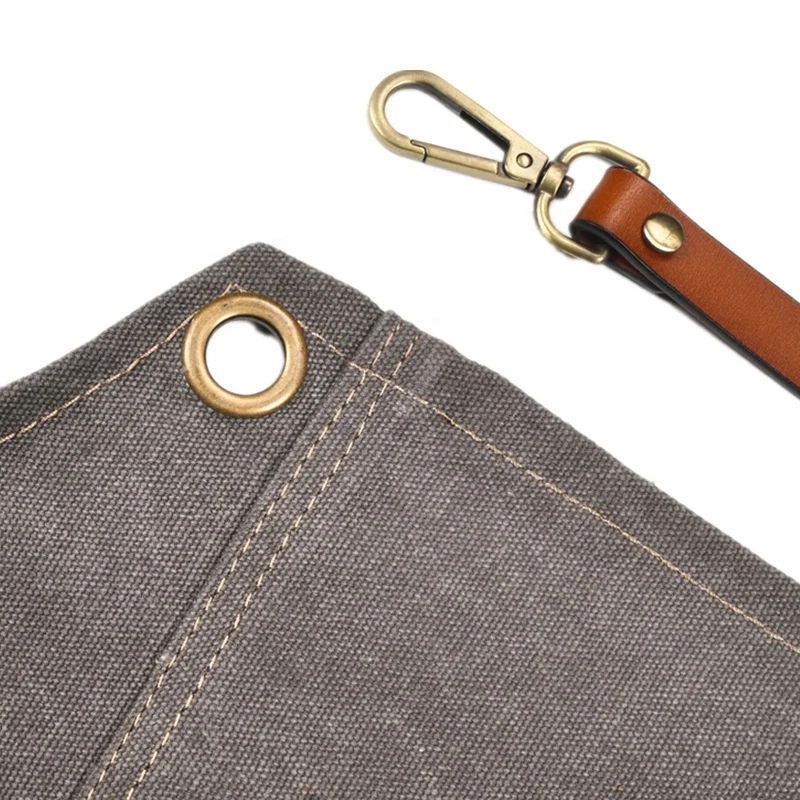 Fashion barista cooking apron kitchen waiter overalls customise logo grey canvas leather straps apron