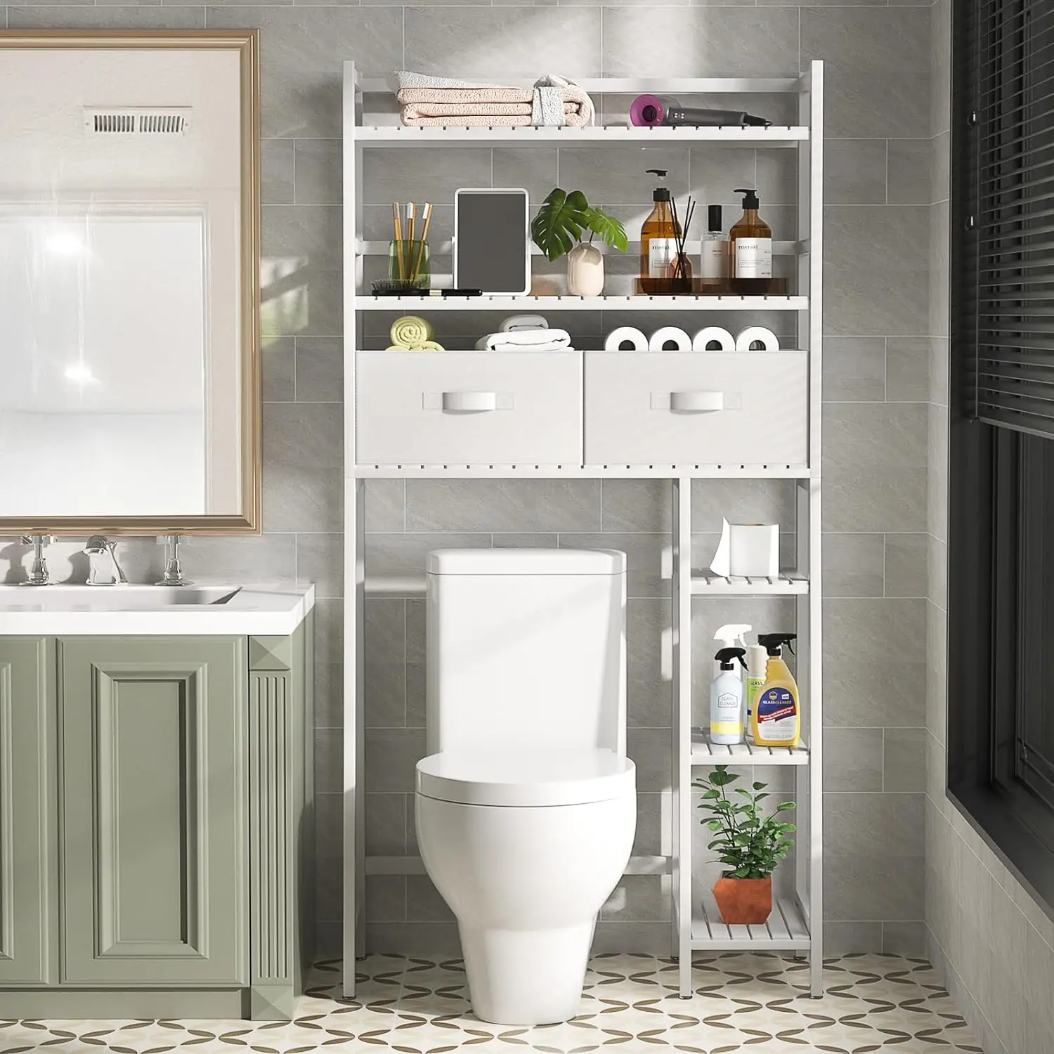 Storage Shelf with 2 Fabric Drawers, Bamboo Above Toilet Organizer Tower Rack with Toilet Paper Holder Stand,.