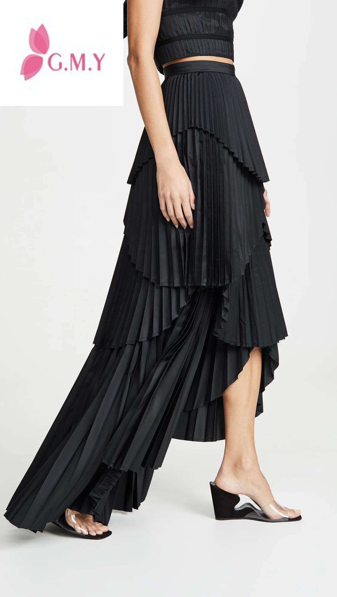 2020 Women Spring Casual Pattern Unique Design Black Accordion Pleats High Low Hem Side Hidden Zip Maxi Skirt