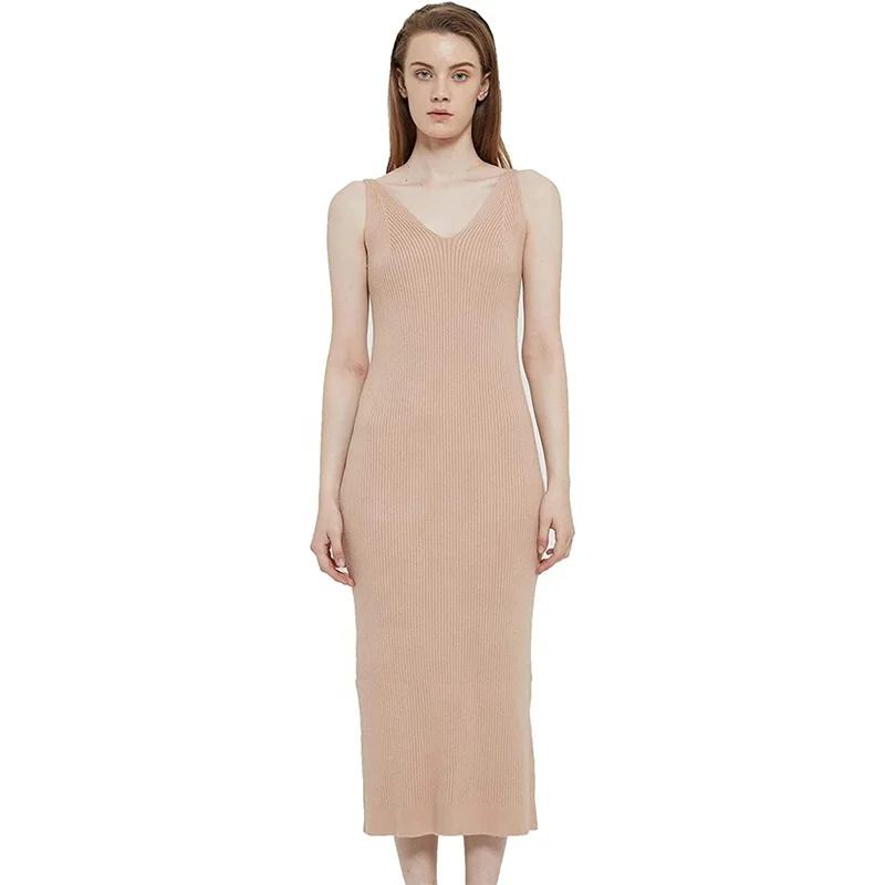 Оптовая продажа с фабрики 2022, облегающее длинное платье-свитер в рубчик без рукавов с v-образным вырезом для лета