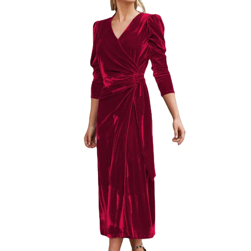 Женское бархатное длинное платье с V-образным вырезом и длинным рукавом