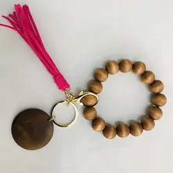 A 2356 Personalized String Keychain Wood Elastic Beaded Fringed Bangle Keychain Monogram DIY Wooden Bead Tassel Keychains