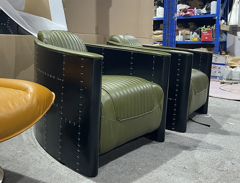 Retro Vintage Black Aluminium Aviator Chair Genuine Leather Tomcat armchair