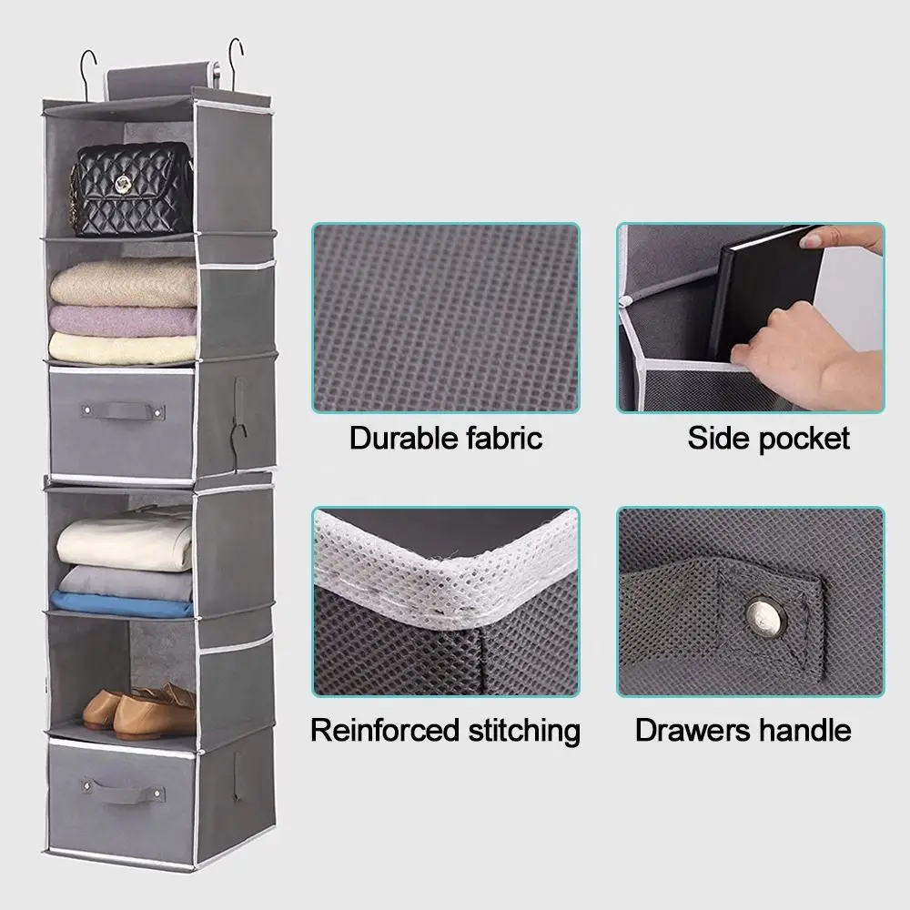 Custom clothes detachable hanging organizer with beside bag 2 separable hanging shelves for wardrobe