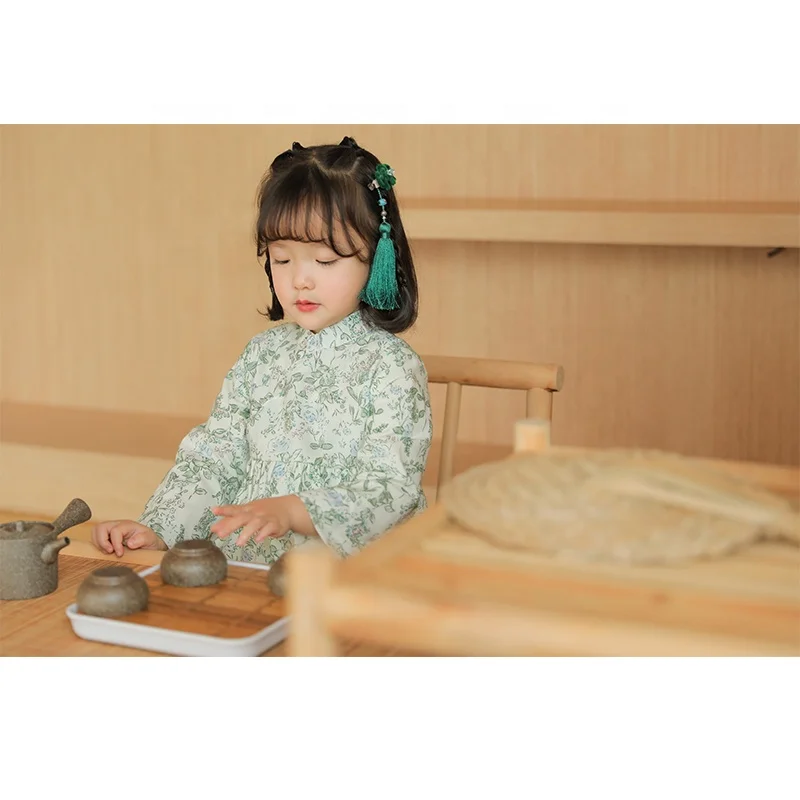 custom  Kids girls Chinese style dress girls clothes cotton sweet floral dress
