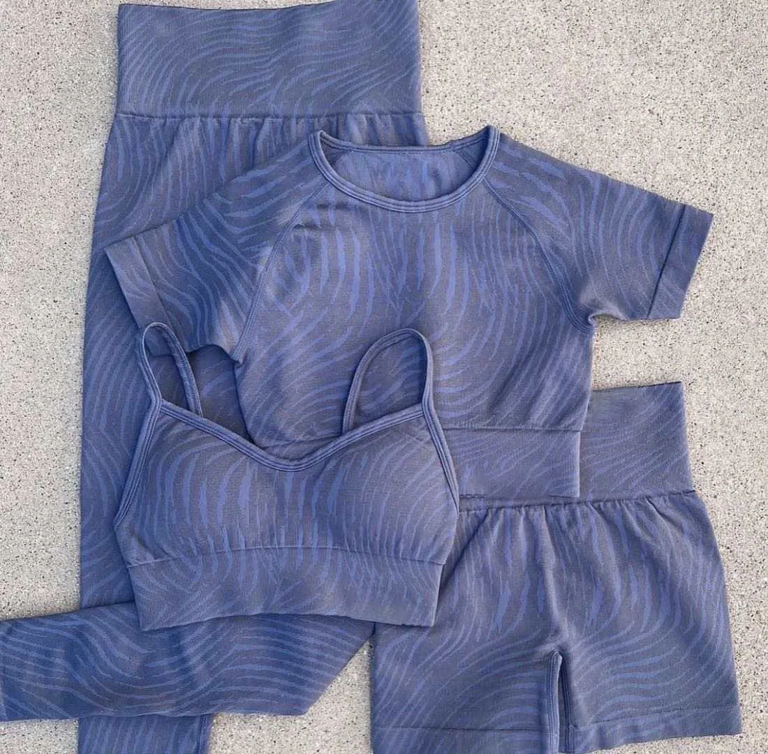 Zebra Print Seamless Fitness Activewear Short Sleeve Crop Tops Shorts High Waist Sportswear Ribbed Yoga Legging Gym Fitness Sets