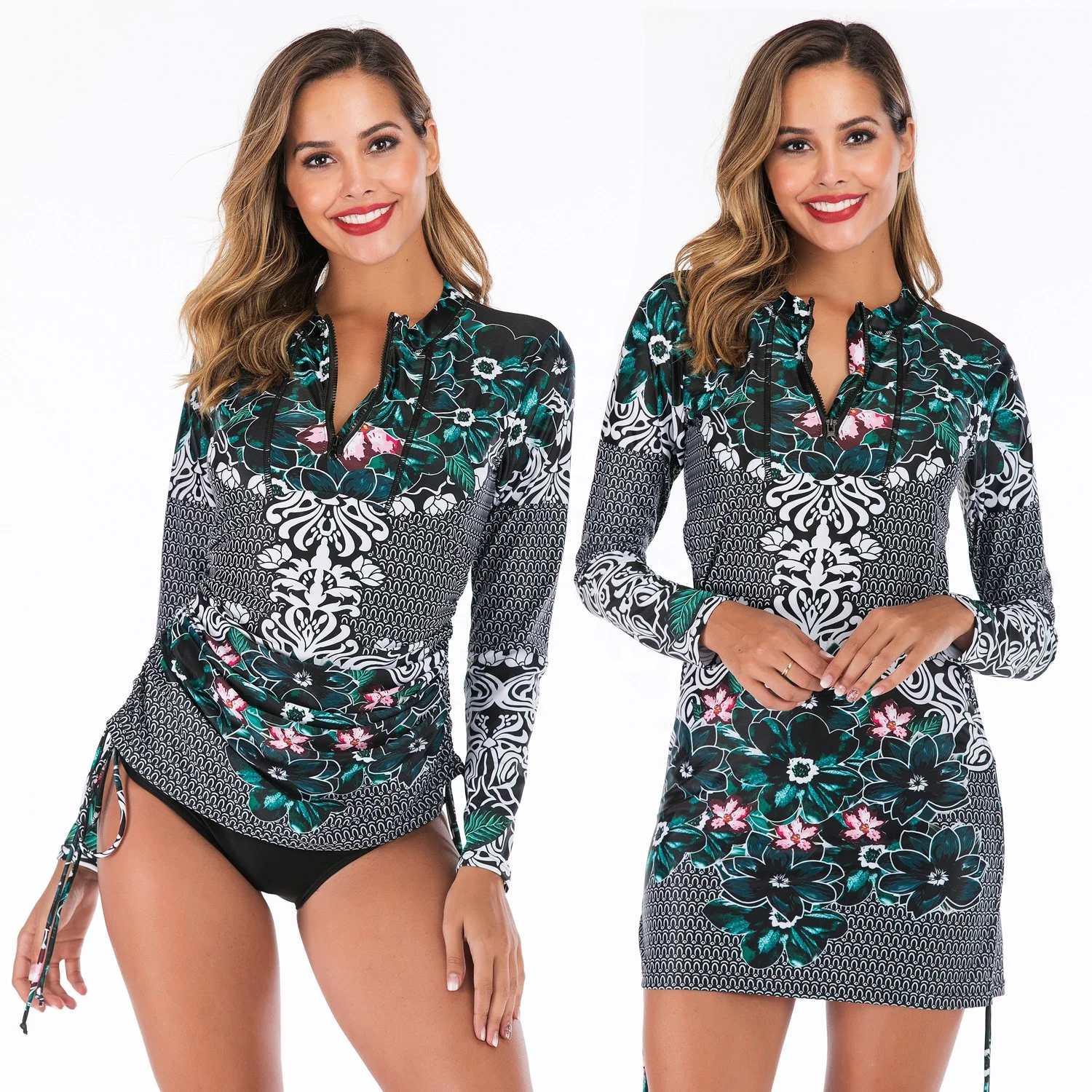 
Floral Print Zipper Swimdress Swimsuits Bathing Suits Two Pieces Swimwear Women Long Sleeve Diving Surfing Suits Wetsuits 