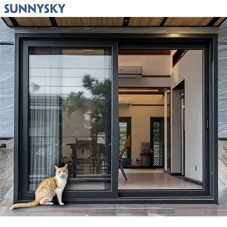Sunnysky High Quality Contemporary Modern Double Glazed Patio Glass Sliding Doors Steel Folding Balcony Stacker Interior Door