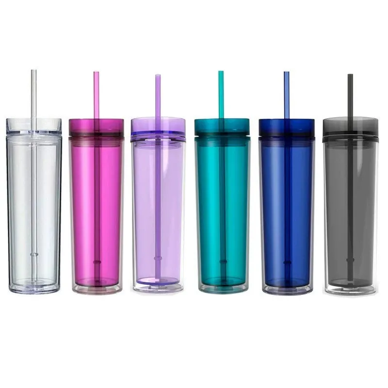 Clear Cups With Lids 16oz Colorful outdoor Bulk juice Bottle Reusable Cups with Straws Double Wall clear Plastic water bottle