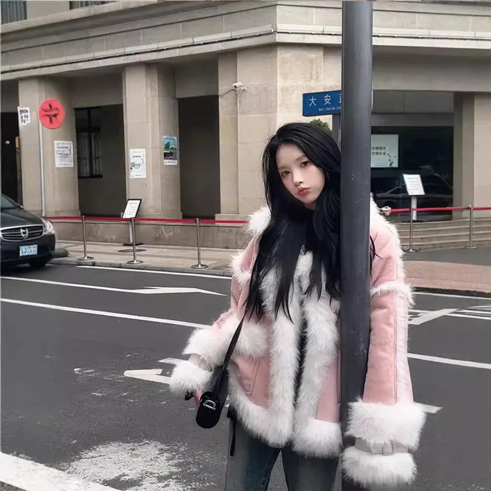 Dynamics Women Winter Fashion Outdoor Warm Luxury Fluffy Faux Fox Fur Crop Coat Artificial Lambskin Windproof Jacket Maillard