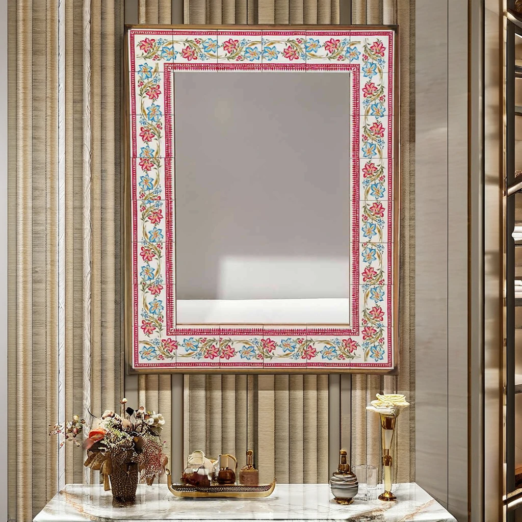 Vintage Modern Wall Decorative Bone Inlay Mirror Frame Wood Glass Compact Pattern for Home or Hotels