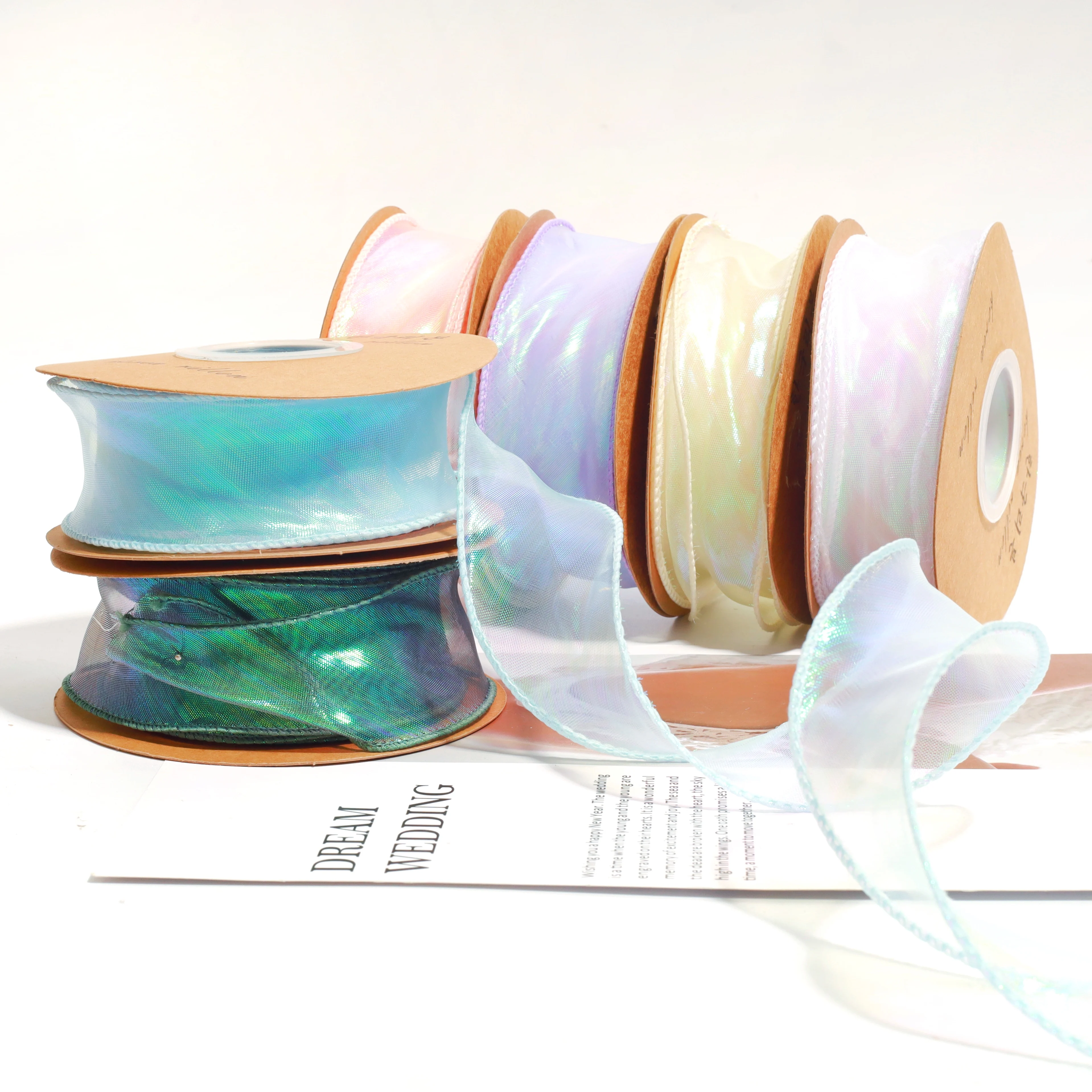 W02 Custom Fishtail Yarn Bowknot Christmas Satin Sari Silk Organza Ribbon Roll For Wedding