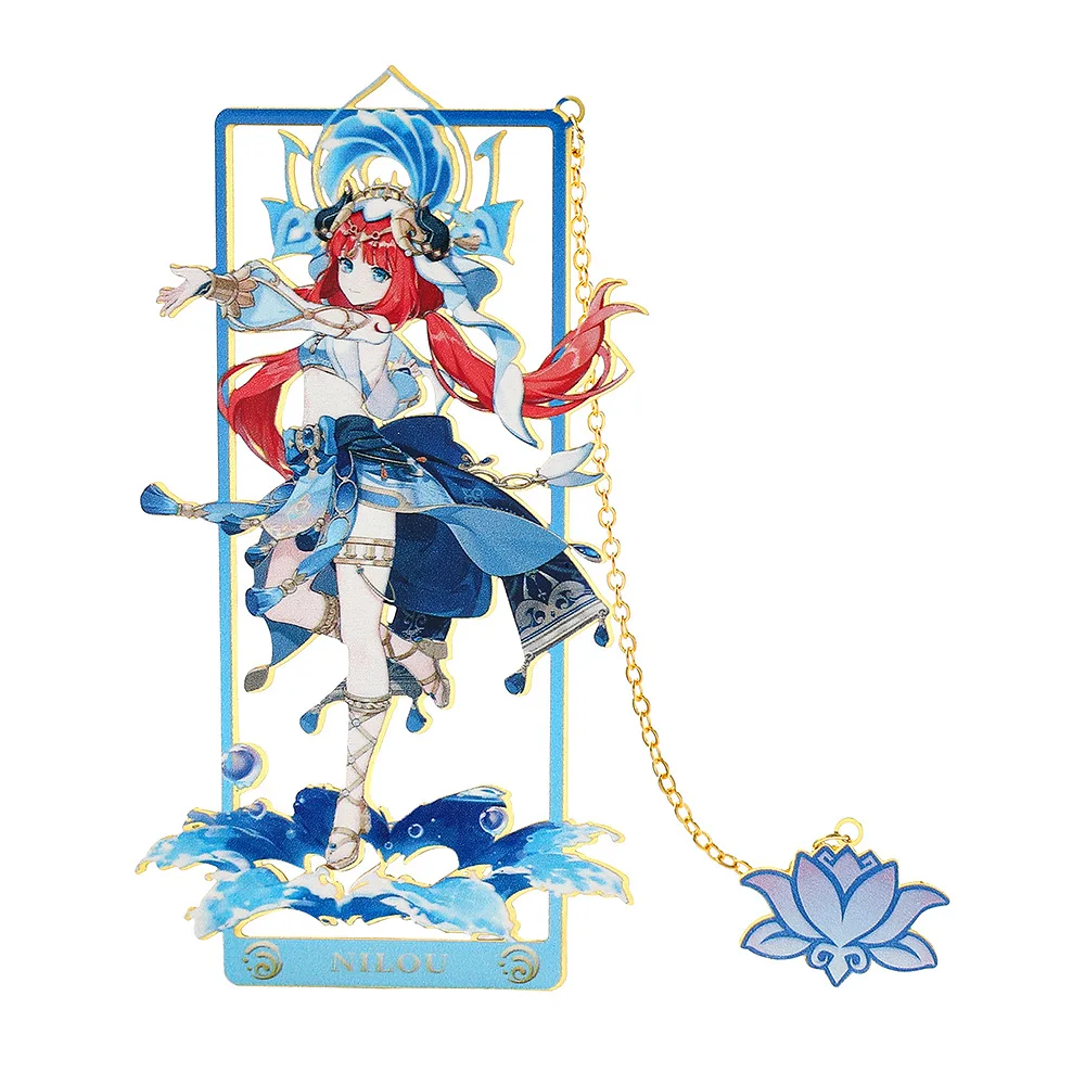 Fast Ship Wholesale Stock High Quality UV Print Gold Metal Bookmark Kawaii Genshin Impact Cartoon Bookmarks for gift