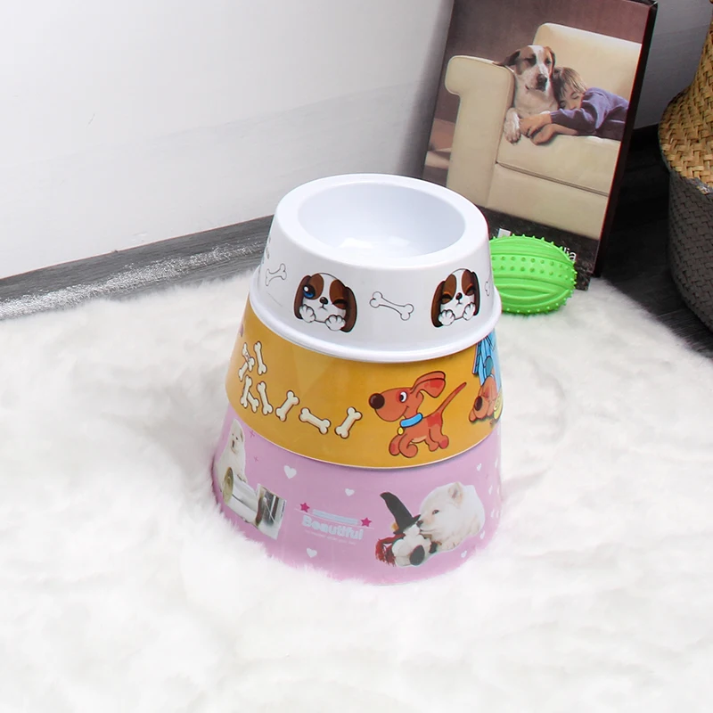 Cartoon animal pattern printing styles melamine non slip round plastic large small pet cat dog feeder drinking bowl for sale