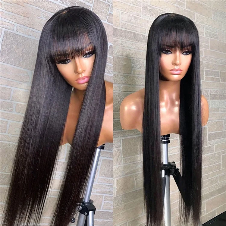 Cuticle Aligned Bangs Virgin Hair Wig Vendor Silky Straight Fringe Wig Human Hair Remy Brazilian Hair Wigs for Black Women