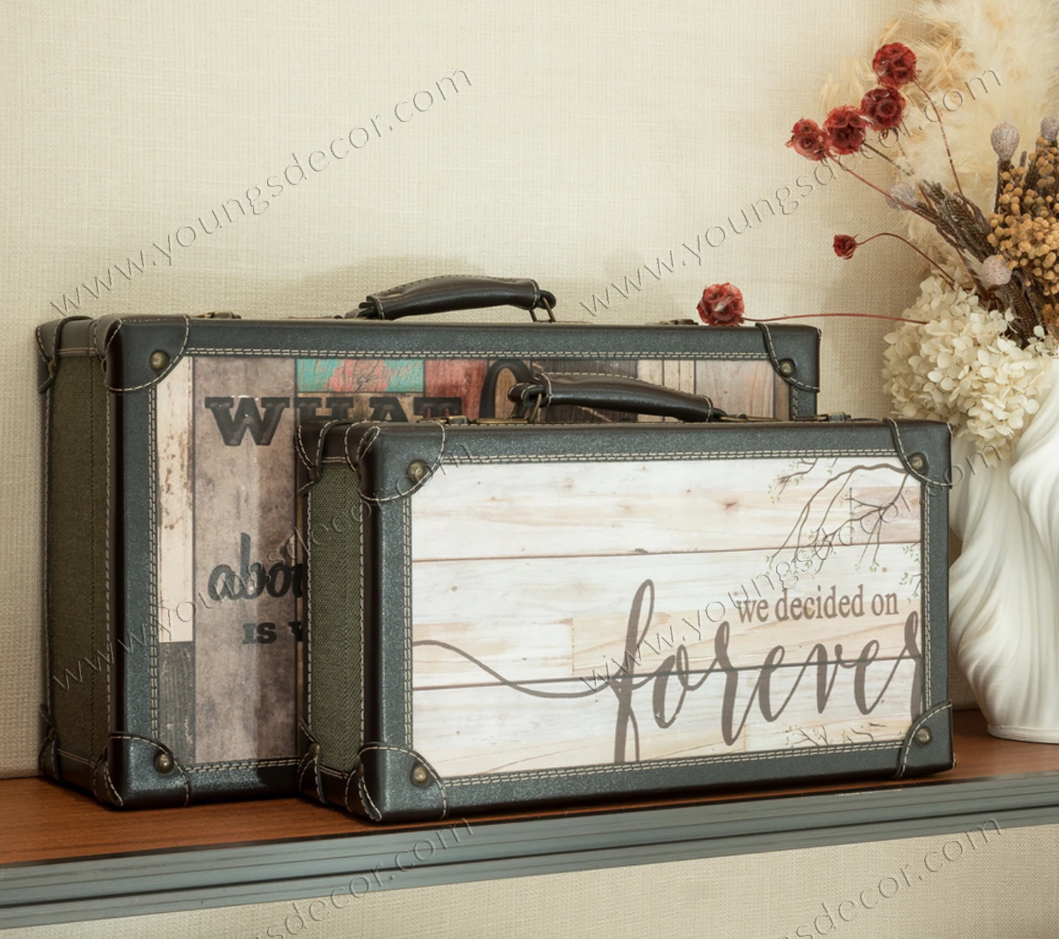 Decorative Wooden Luggage Suitcase Storage Trunk Sets with Printed Pattern Surface