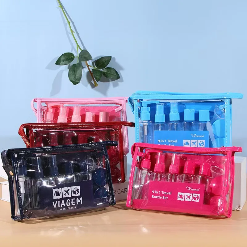 Wholesale Plastic Travel Set Bottle Zipper Bag 9Pieces Set 60ml For Cosmetic Container Lotion Spray Flip Cap Bottle Jar Reusable