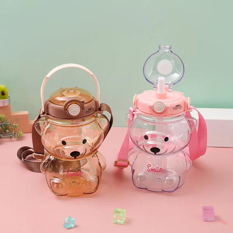 1l Large Capacity Plastic Bear Water Bottle With Straw Strap For Children Portable Water Kettle For Girl